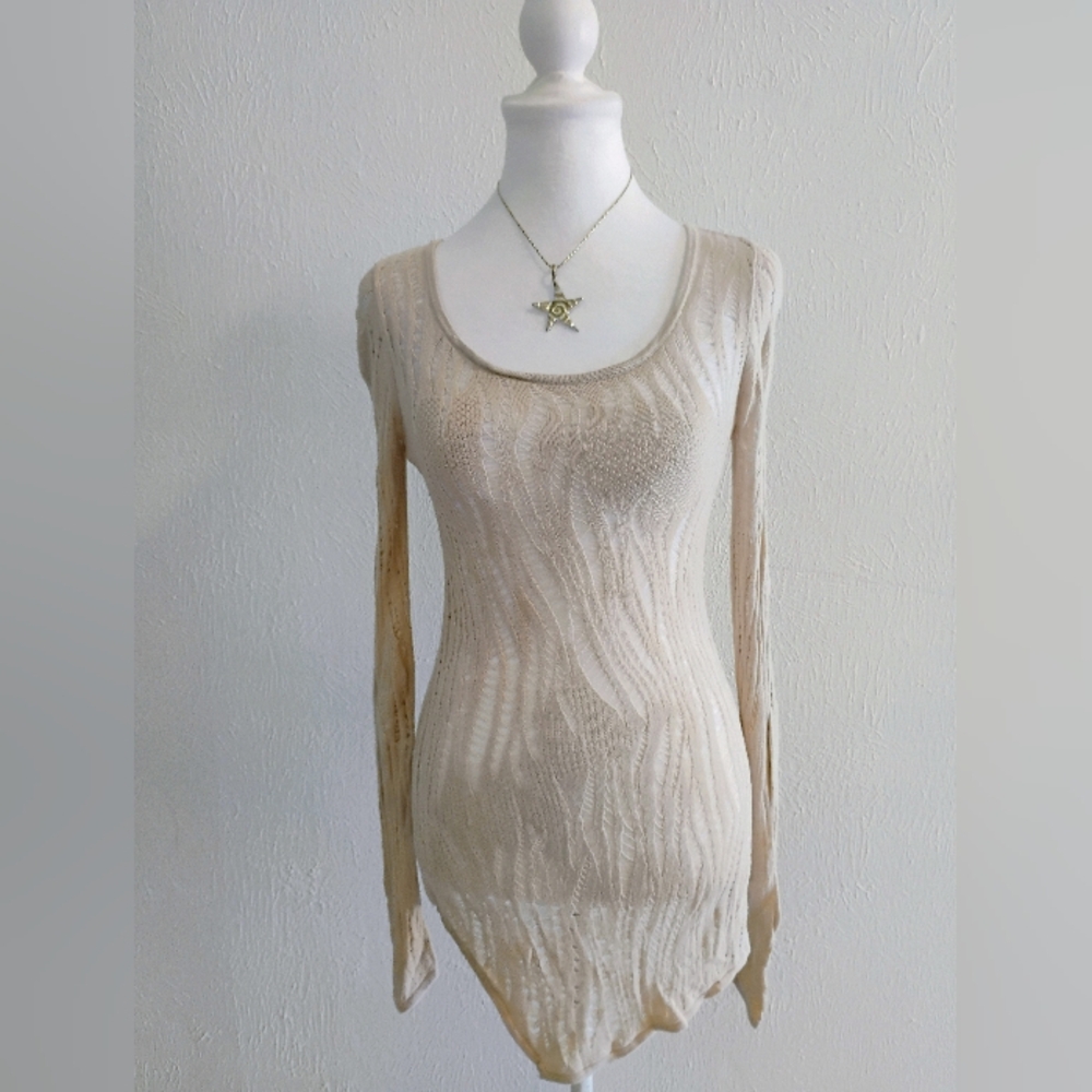 Express Cream Open Knit Distressed Pointelle Long Sleeve Top - M